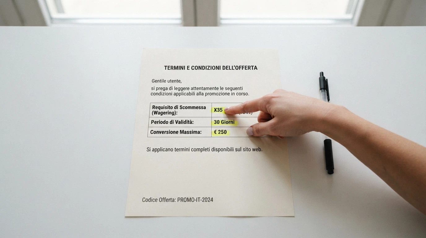 Un primo piano del riquadro dei termini e condizioni di un bonus di benvenuto, con le voci wagering, validità e conversione massima sottolineate
