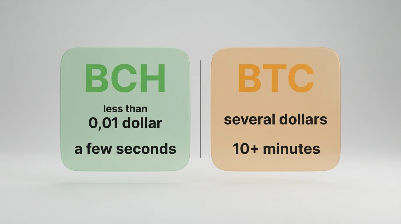 Infografica che mette a confronto una transazione Bitcoin Cash (commissioni sotto 0,01 $, pochi secondi) e una transazione Bitcoin (commissioni alcuni dollari, 10+ minuti)