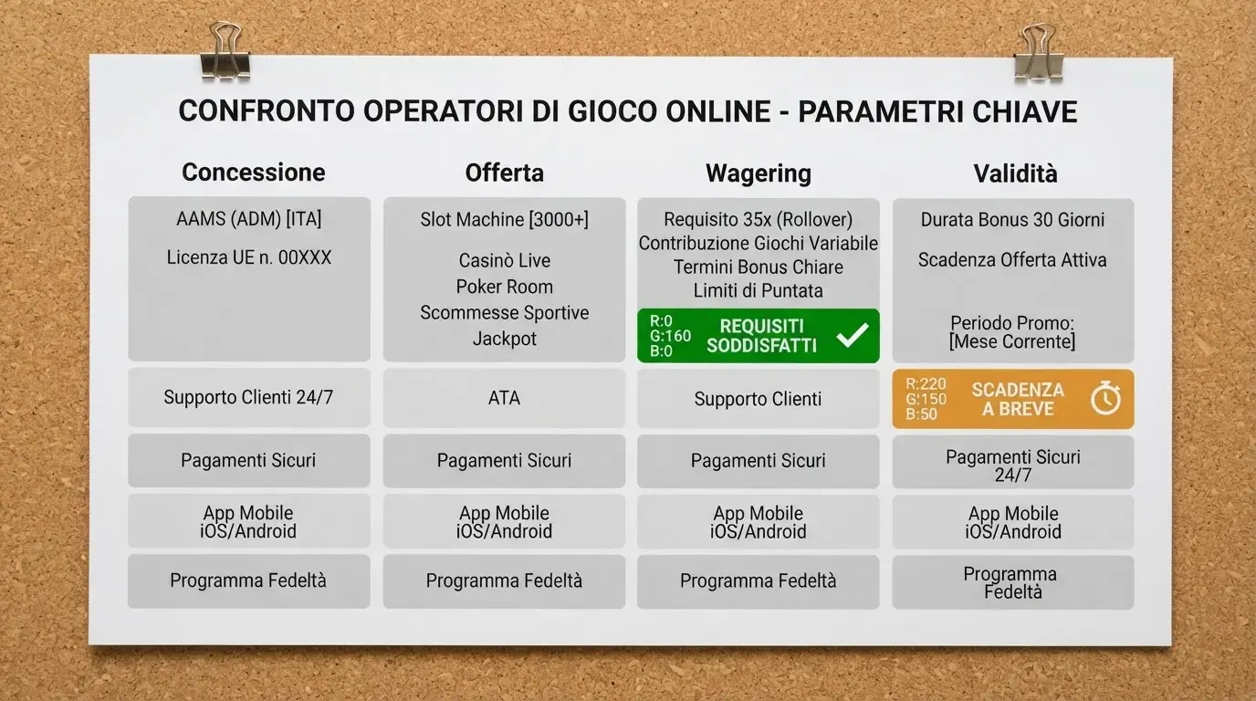 Una tabella comparativa stilizzata in stile infografica con le colonne licenza ADM, offerta bonus, wagering e validità, evidenziando in verde il rollover più basso e in giallo la validità più lunga