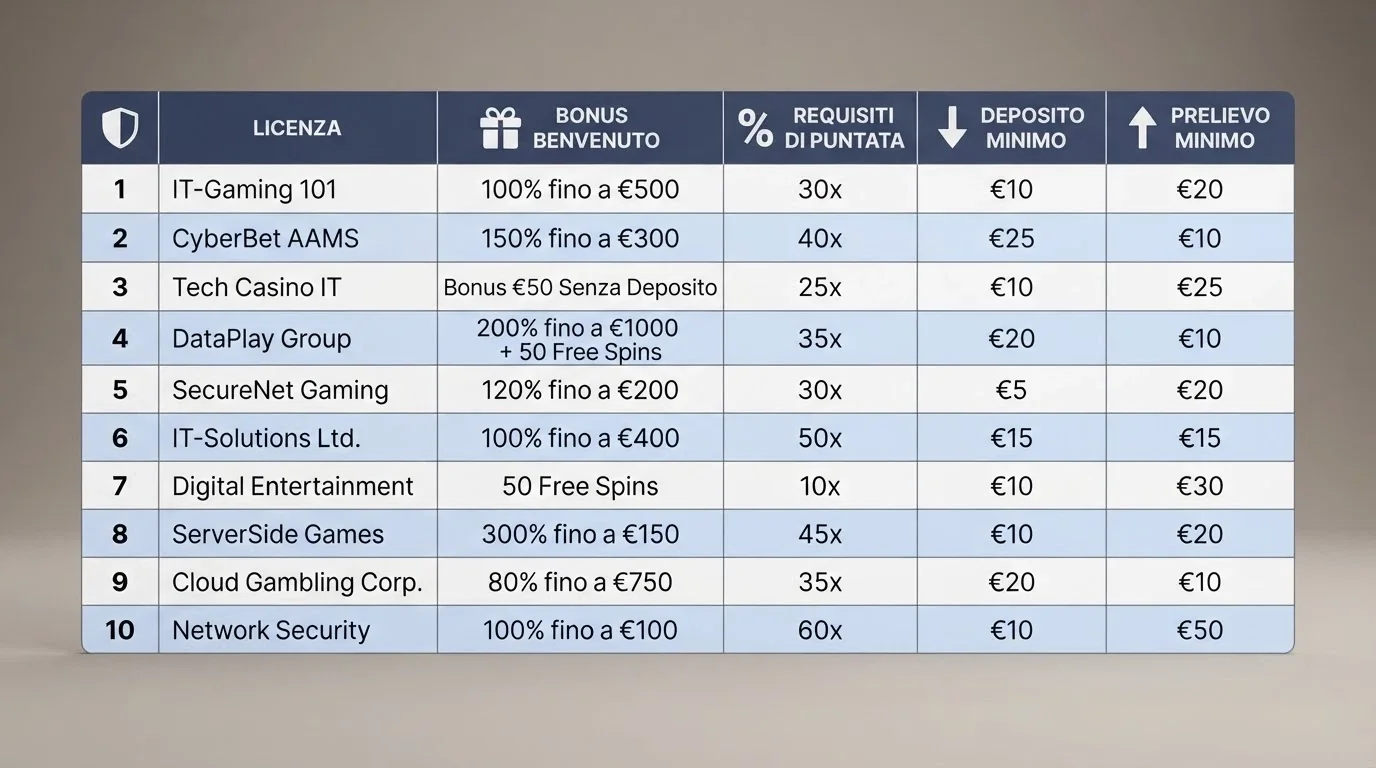 Una tabella comparativa stilizzata con loghi di casinò italiani e icone che rappresentano tempi di accredito, commissioni e limiti