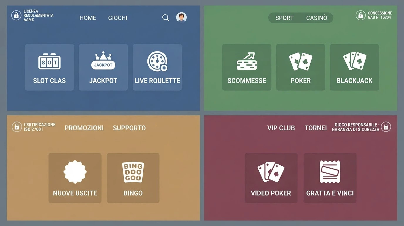 Una schermata divisa in riquadri che rappresentano diversi casinò online, ciascuno con l'icona del lucchetto ADM visibile