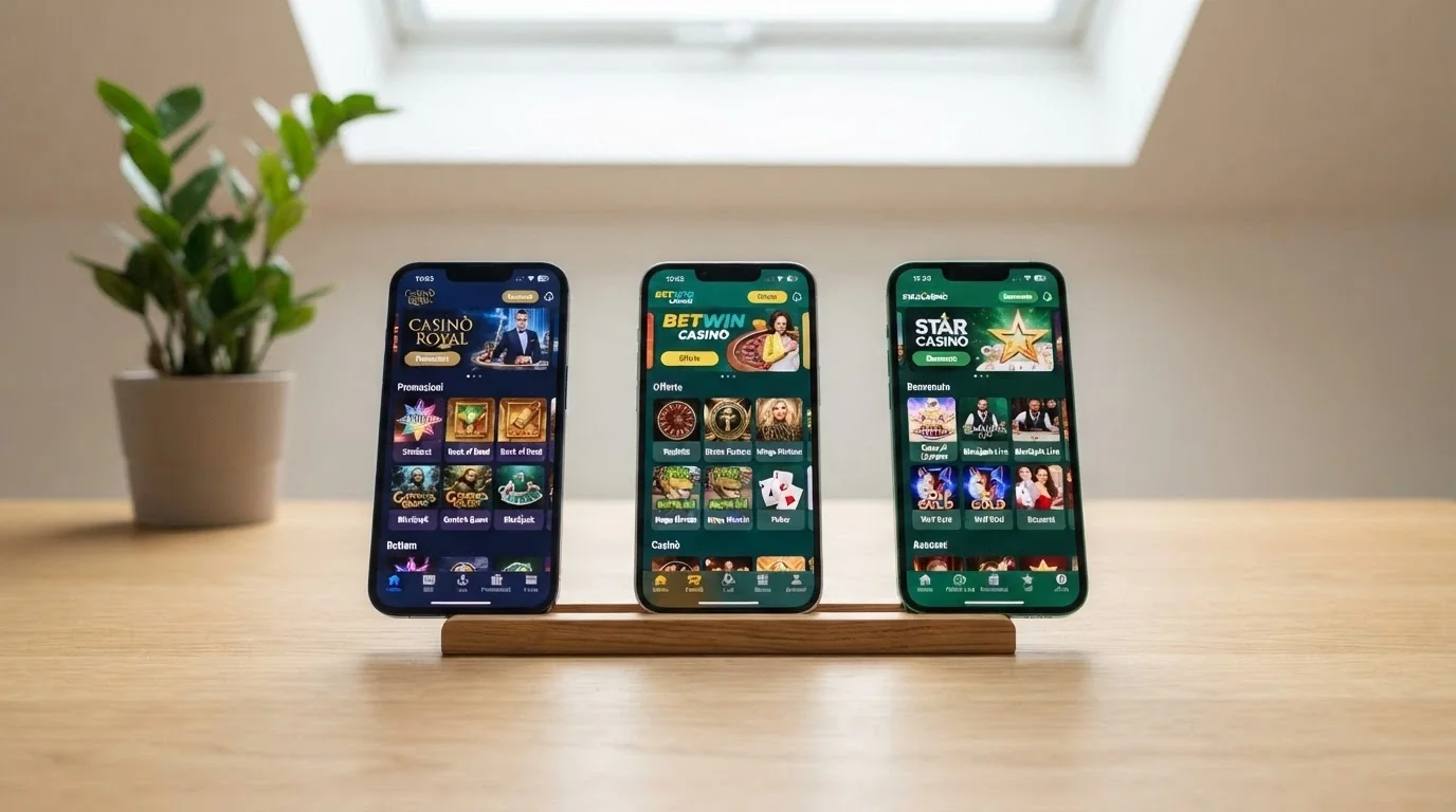 Tre iPhone affiancati che mostrano le schermate home di tre diverse app casinò italiane a confronto