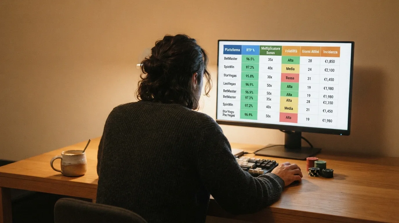 Una tabella comparativa stilizzata con loghi degli operatori e affianco le cifre chiave: percentuale bonus, wagering e validità
