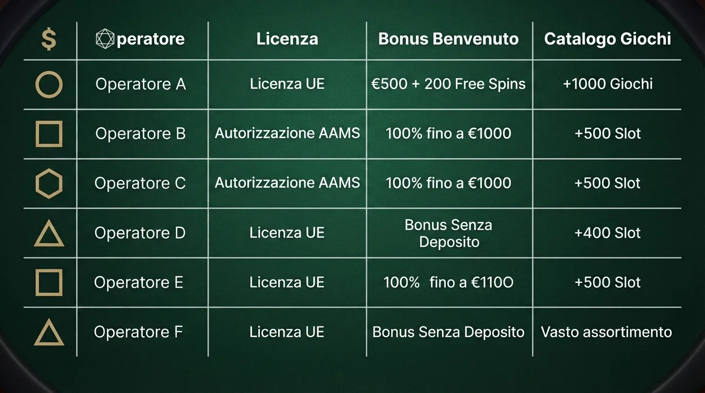Una tabella comparativa stilizzata con icone di Bitcoin accanto ai nomi di casinò online, su sfondo che richiama un tavolo da gioco
