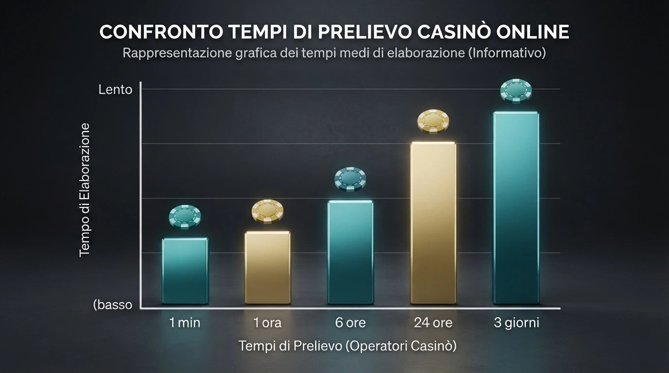 Grafico a barre con i tempi medi di prelievo in Dogecoin per gli operatori recensiti (da 1 minuto a 3 giorni)