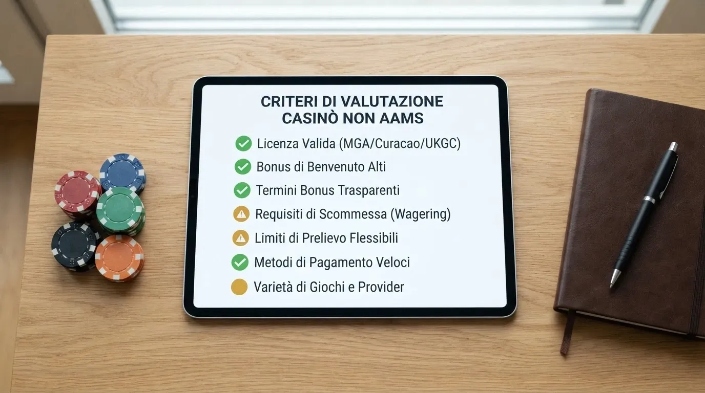 Una checklist su un blocco note digitale con voci come «licenza», «bonus free spin», «wagering» e «limiti di prelievo», alcune spuntate in verde, altre in giallo
