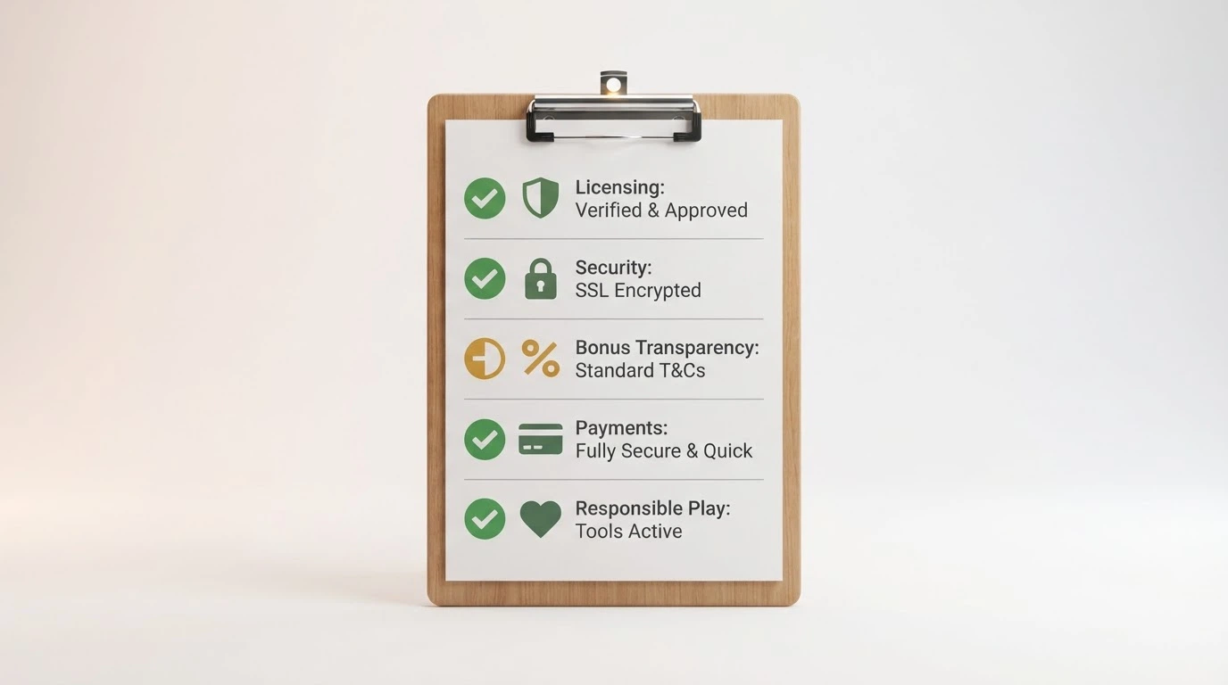 Una checklist con icone per licenza, sicurezza, trasparenza bonus, metodi di pagamento e gioco responsabile, con segni di spunta affiancati