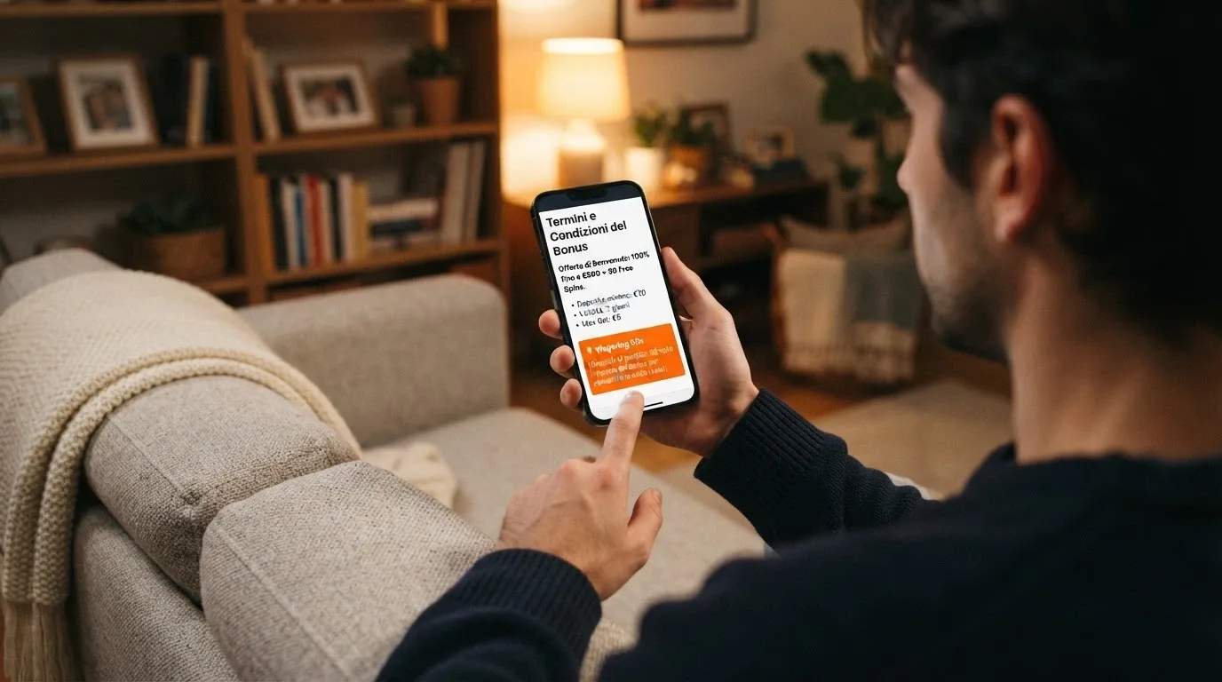 Giocatore che confronta le condizioni di un bonus sul proprio dispositivo mobile prima di registrarsi