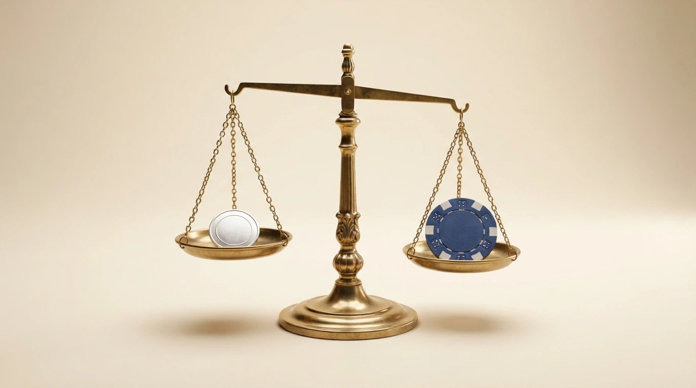 Una bilancia con da un lato il simbolo di Litecoin e dall'altro il logo ADM in equilibrio precario