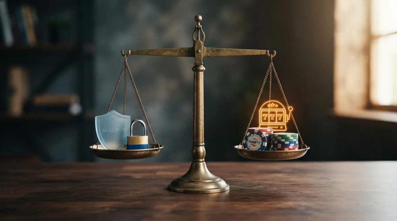 Una bilancia con da un lato le icone delle tutele ADM (RUA, fondi segregati, limiti) e dall'altro le icone dell'offerta offshore (catalogo ampio, bonus aggressivi, crypto)