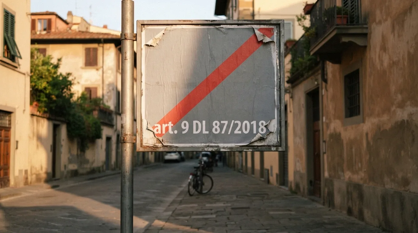 Un cartellone pubblicitario urbano barrato da un grande divieto rosso, con il testo «art. 9 DL 87/2018» in caratteri istituzionali