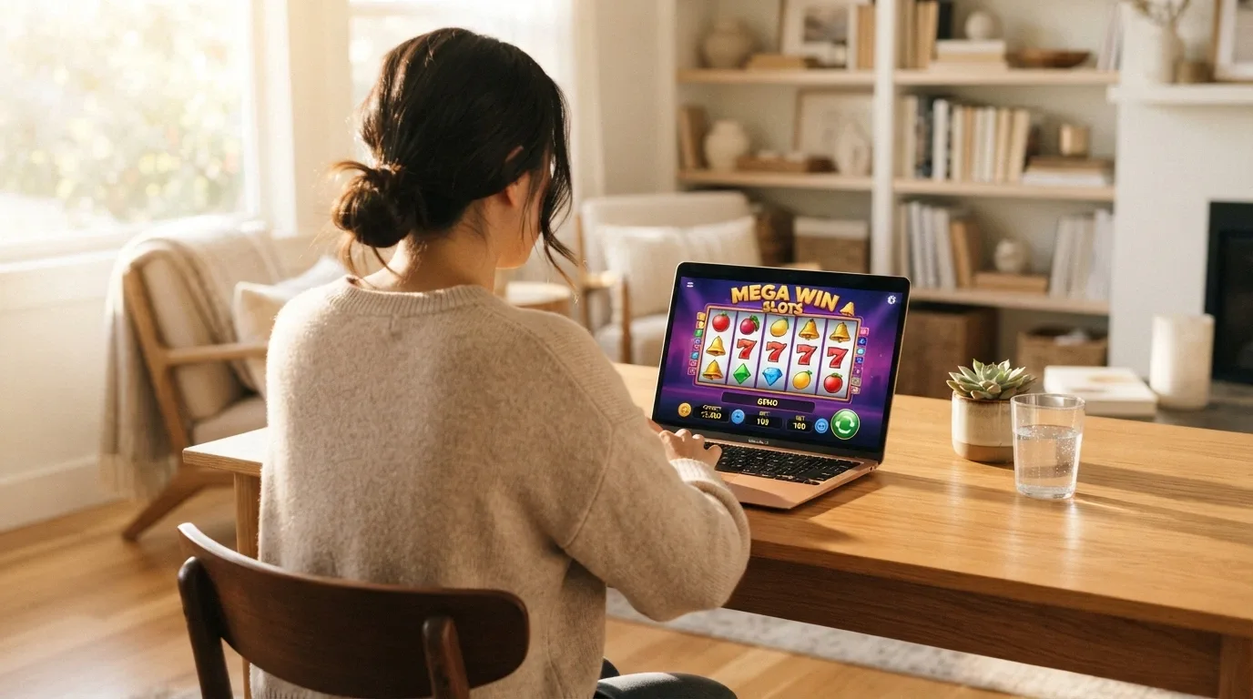Giocatore sorridente davanti a un laptop che mostra una slot demo, in un ambiente domestico luminoso e rilassato