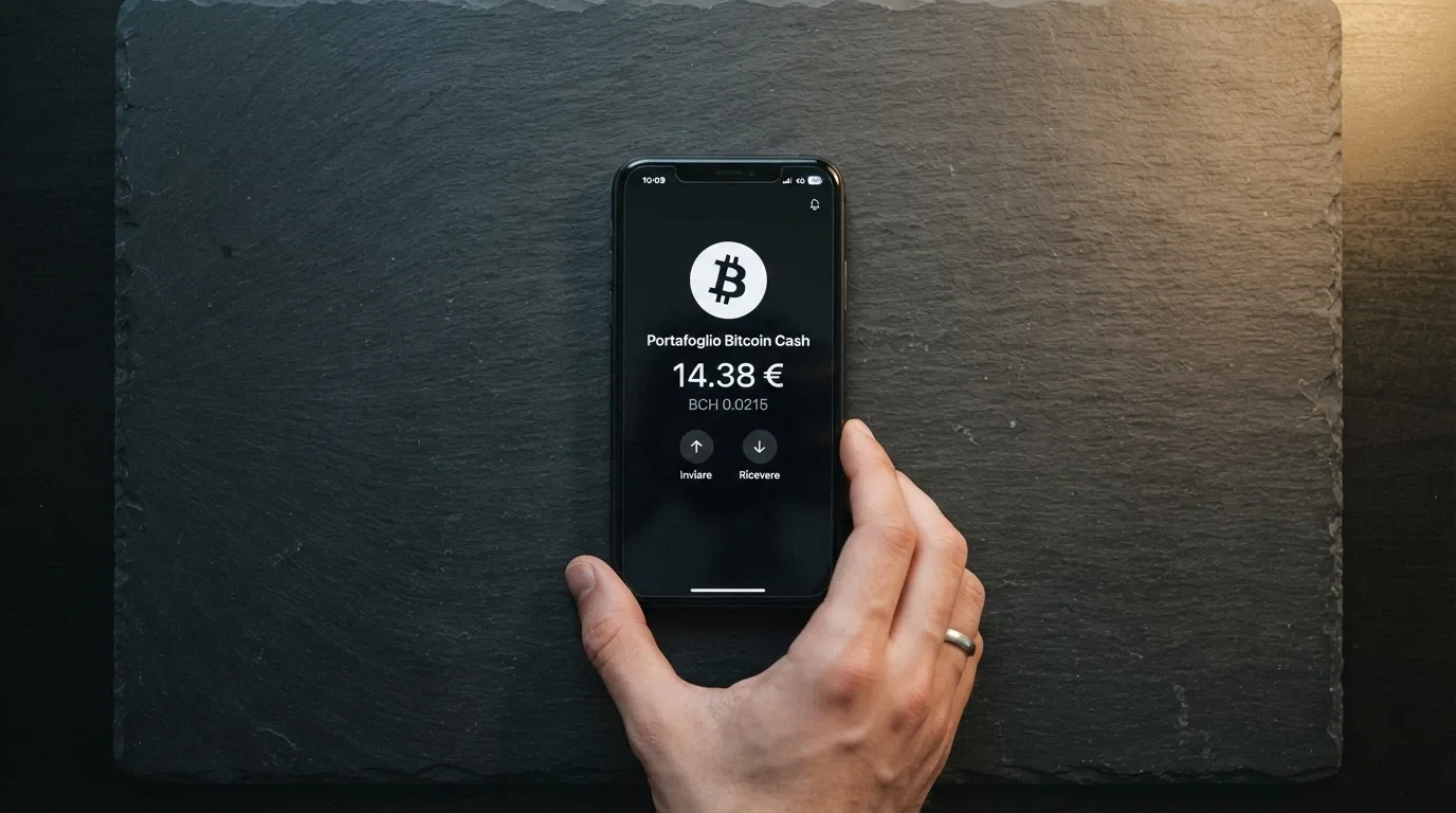 Interfaccia di un portafoglio digitale con una transazione in Bitcoin Cash in corso e l'importo in evidenza