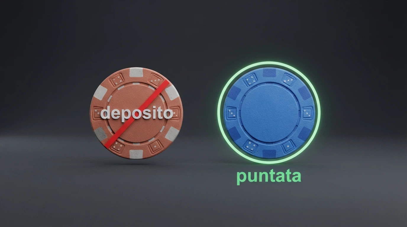 Due monete da 10 centesimi su un tavolo da gioco virtuale: una etichettata «deposito» e barrata, l'altra etichettata «puntata» e cerchiata in verde
