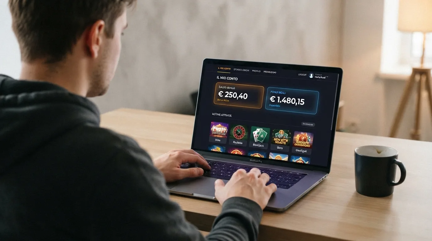 Interfaccia di un conto gioco con saldo bonus separato dal saldo reale