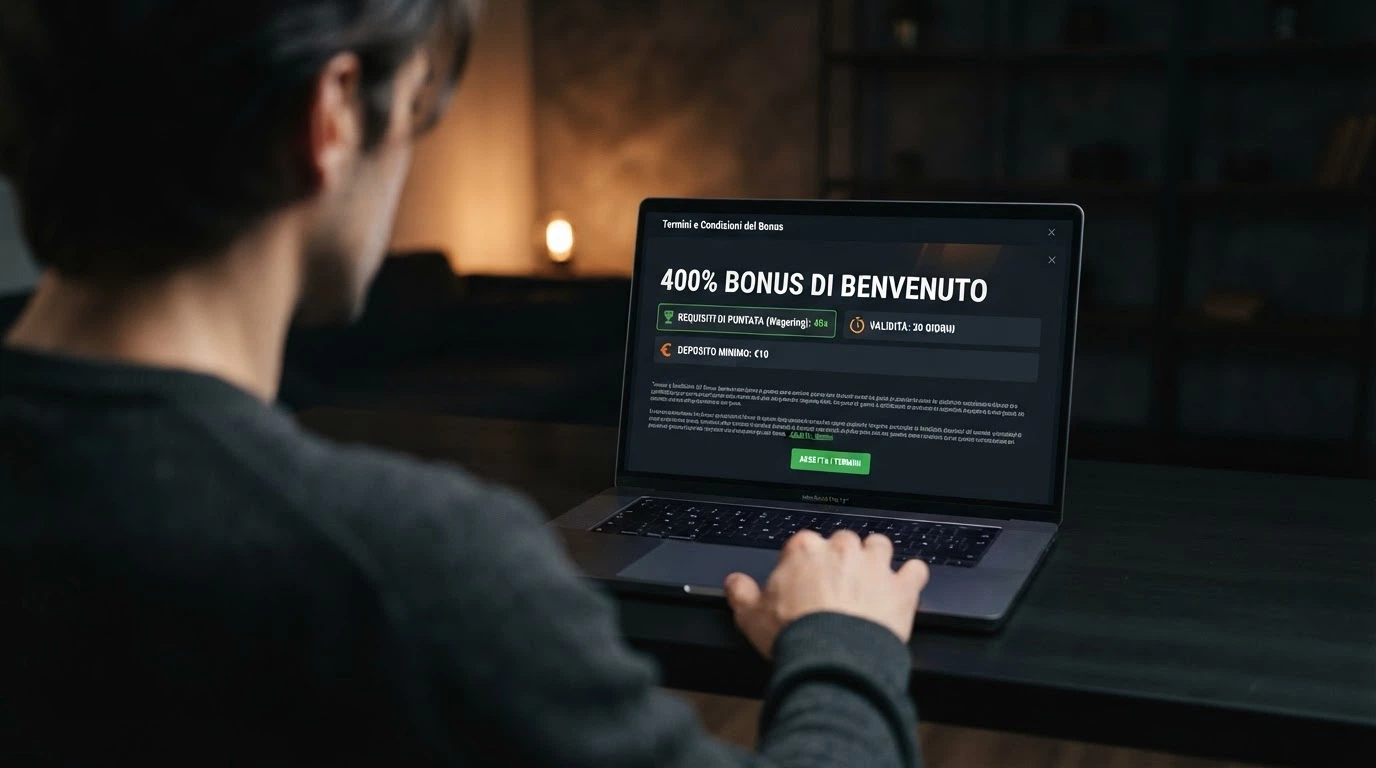 Schermata dei termini di un bonus crypto con evidenziati il requisito di scommessa 40x, la scadenza di 30 giorni e il limite alle vincite da free spins