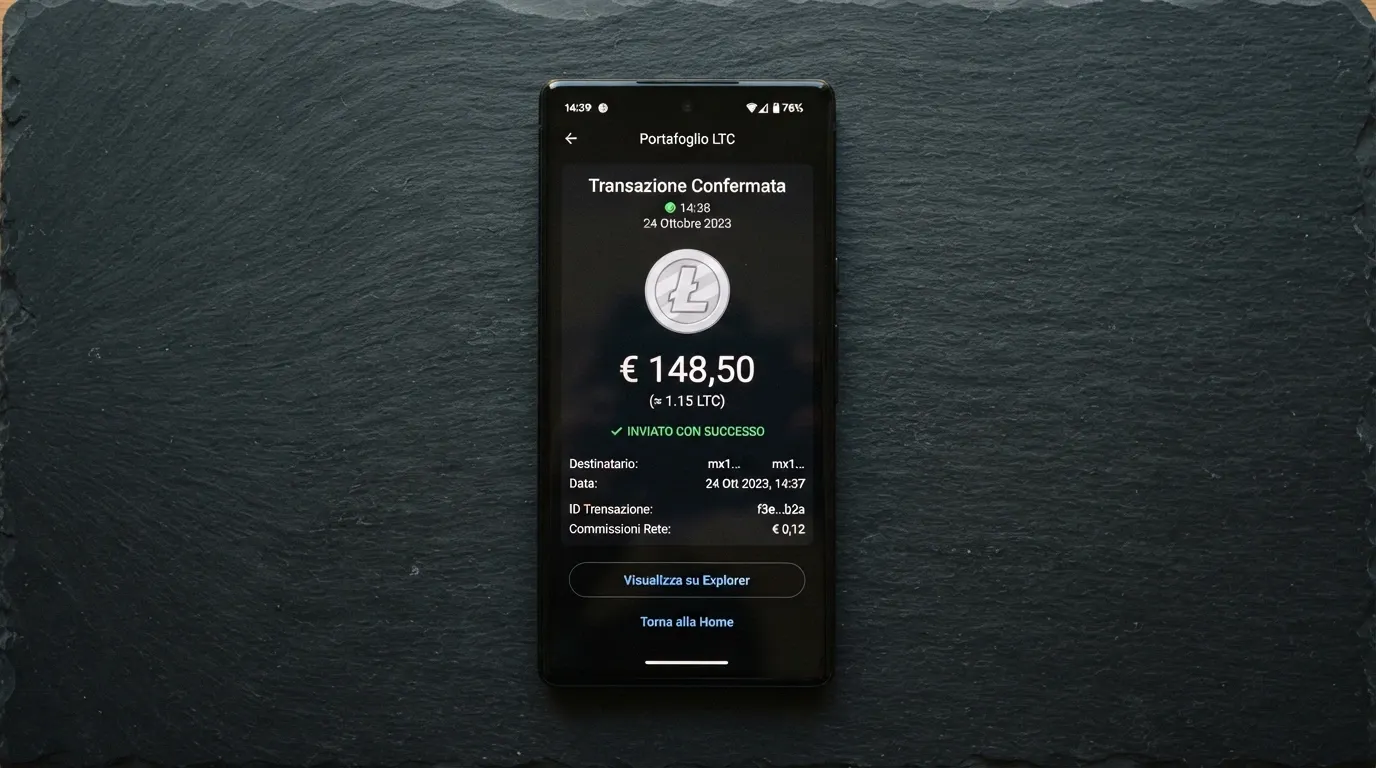 Lo schermo di un wallet Litecoin con una transazione in uscita verso un casinò e il saldo aggiornato