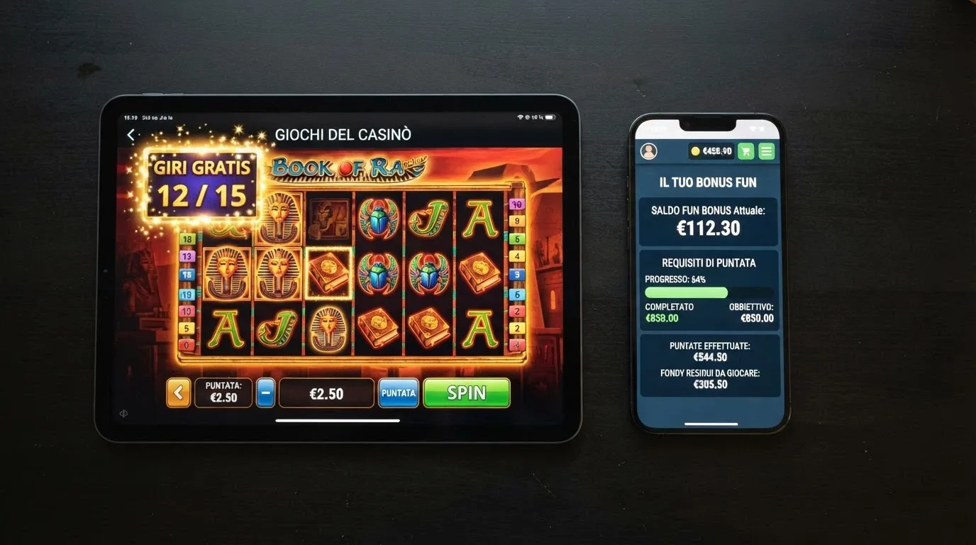 Due colonne affiancate: a sinistra una slot con il contatore dei free spin attivo, a destra un pannello con un contatore in euro e la voce «Fun Bonus»