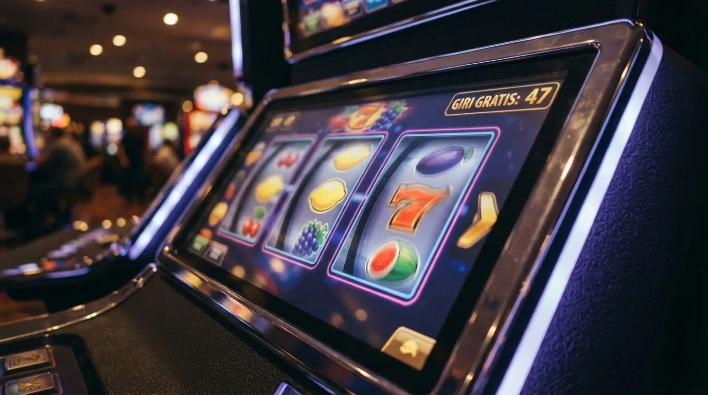 Una slot machine online in primo piano con il contatore dei giri gratis visibile in alto a destra e rulli in movimento