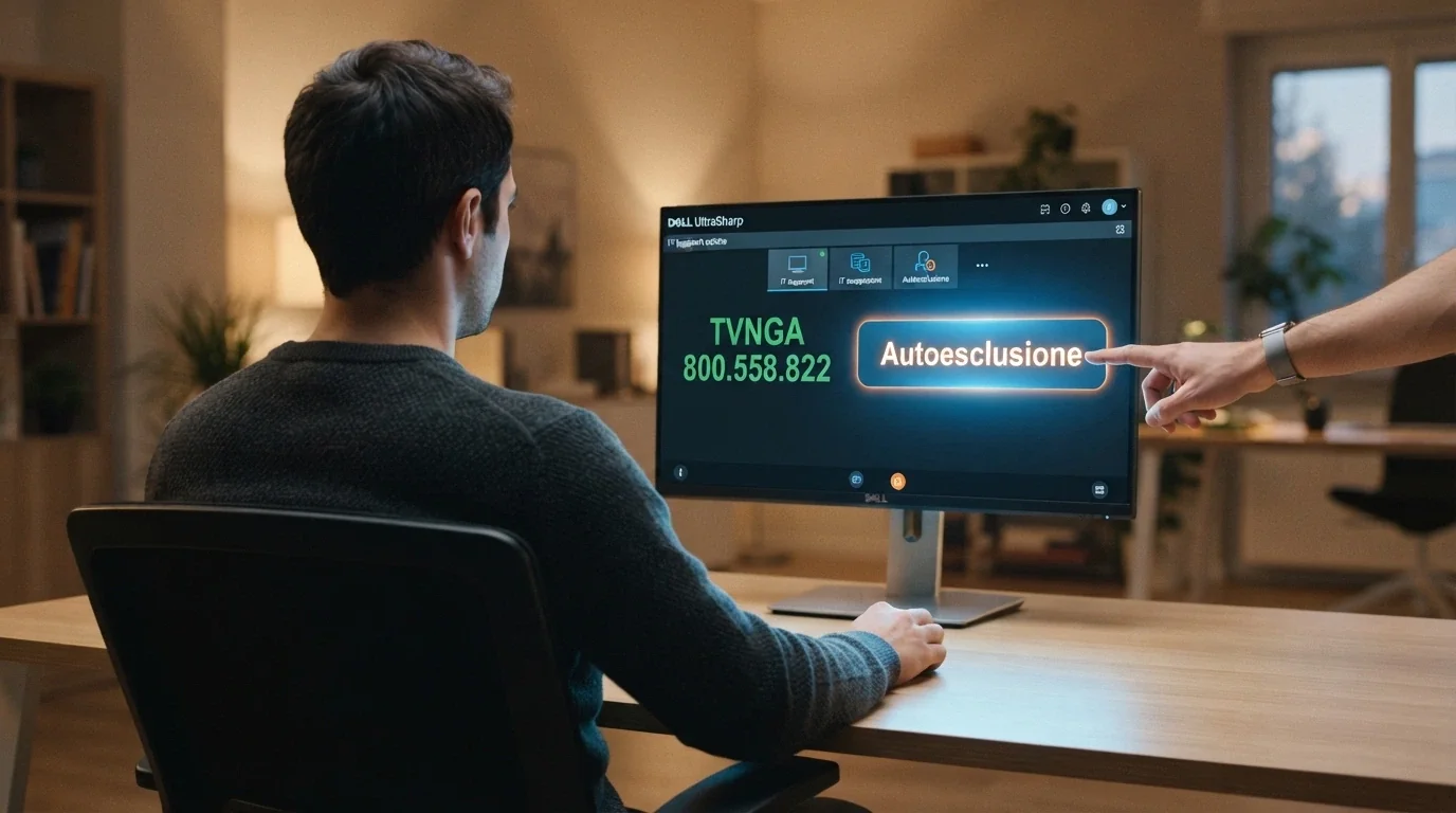 Una mano che preme il pulsante «Autoesclusione» su uno schermo, accanto compare il numero verde TVNGA 800.558.822