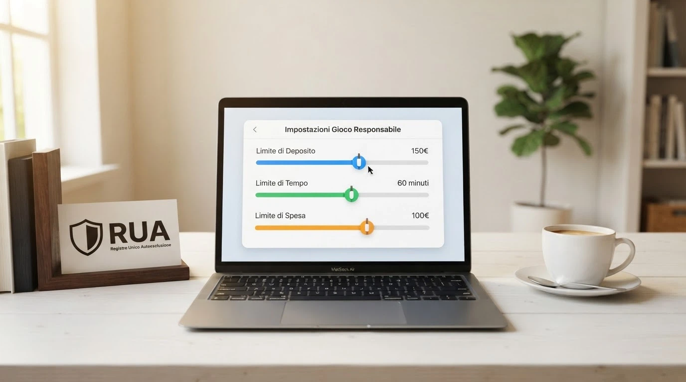 Un pannello di controllo con slider per limiti di deposito, tempo e spesa, affiancato dal logo del RUA e dal Numero Verde Nazionale