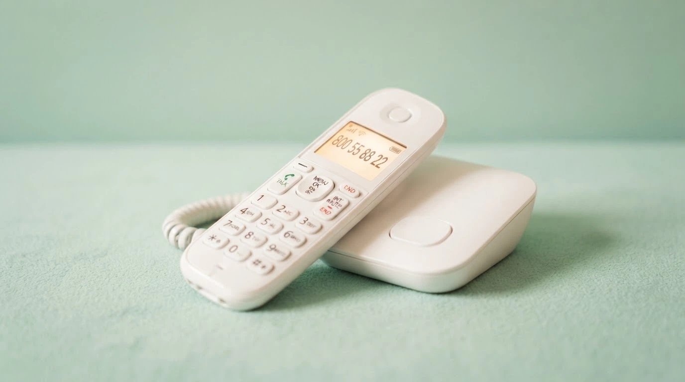 Un telefono fisso bianco con la cornetta sollevata e il numero «800 55 88 22» visualizzato a grandi caratteri su uno sfondo verde rassicurante