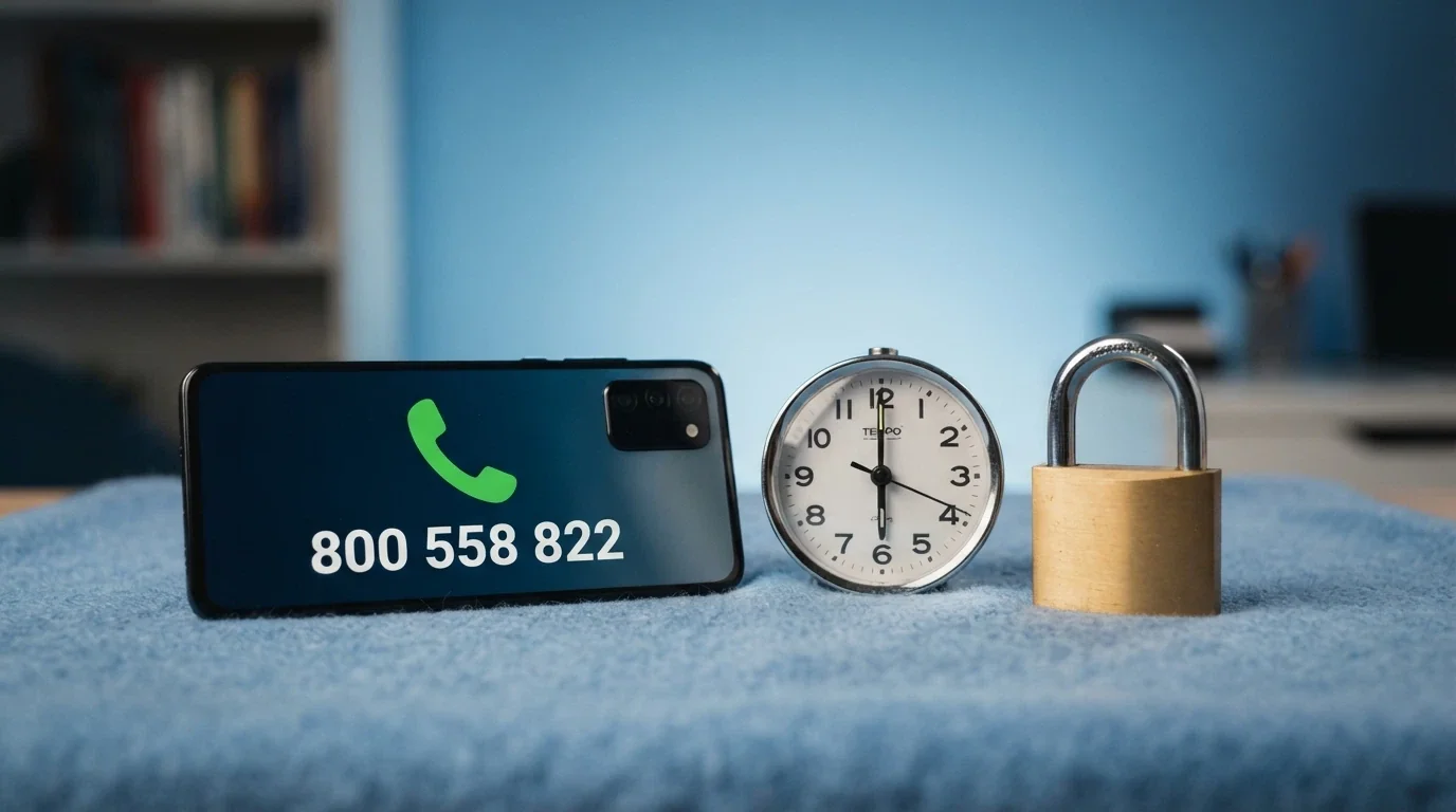 Un telefono con il numero verde in evidenza accanto a un orologio che segna 6 ore e un lucchetto, su uno sfondo rassicurante blu