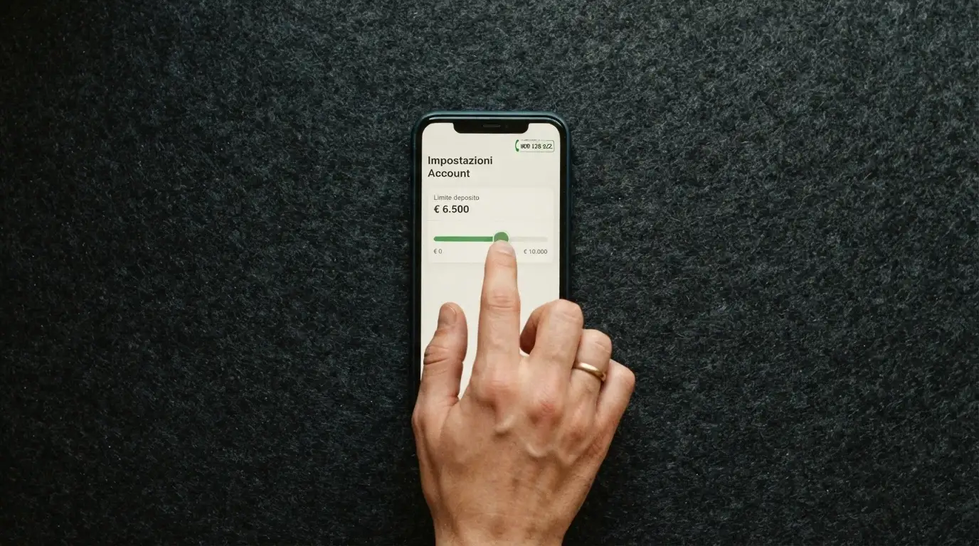 Una mano che imposta un limite di deposito sull'interfaccia di un casinò online, con il numero verde 800 558 822 visibile in un riquadro
