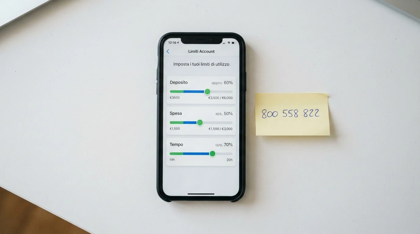 La schermata di un casinò online con il pannello «Limiti di gioco» aperto — cursori per deposito, spesa e tempo — e accanto il numero verde 800 558 822 su un post-it virtuale