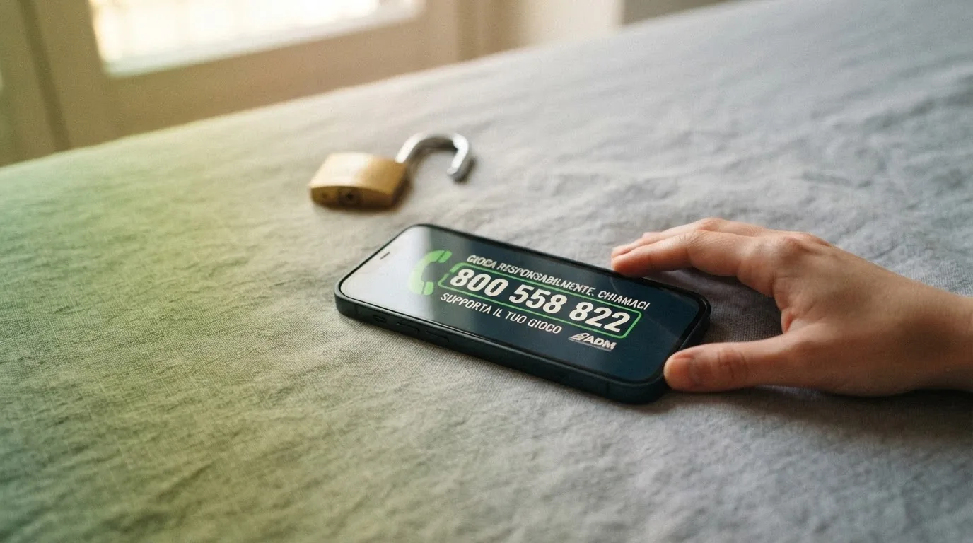 Un telefono con il simbolo del Numero Verde e un lucchetto aperto accanto alla scritta RUA, su uno sfondo che sfuma dal verde (protezione ADM) al grigio (non AAMS)