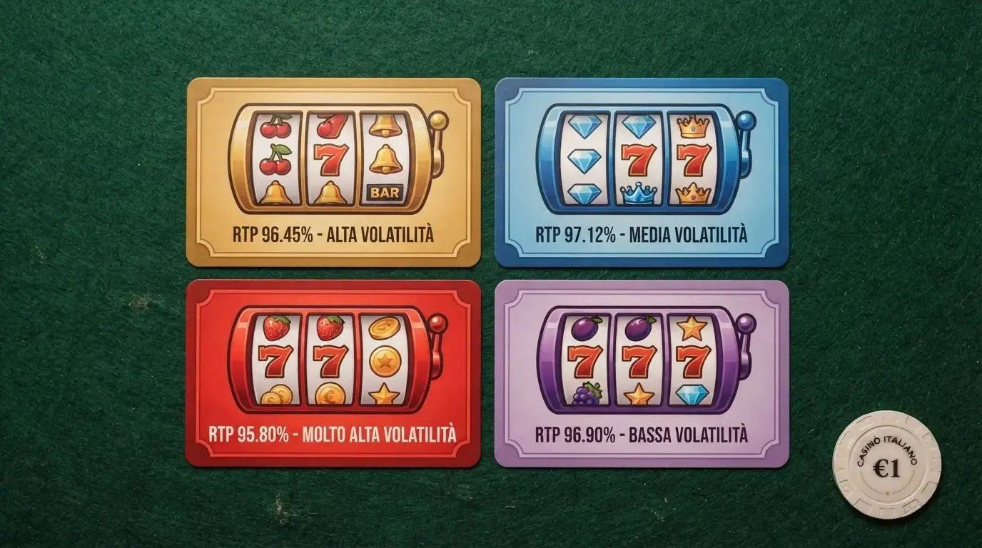 Una griglia di icone di slot machine (Starburst, Book of Dead, Big Bass Bonanza) con i rispettivi valori di RTP e volatilità in evidenza
