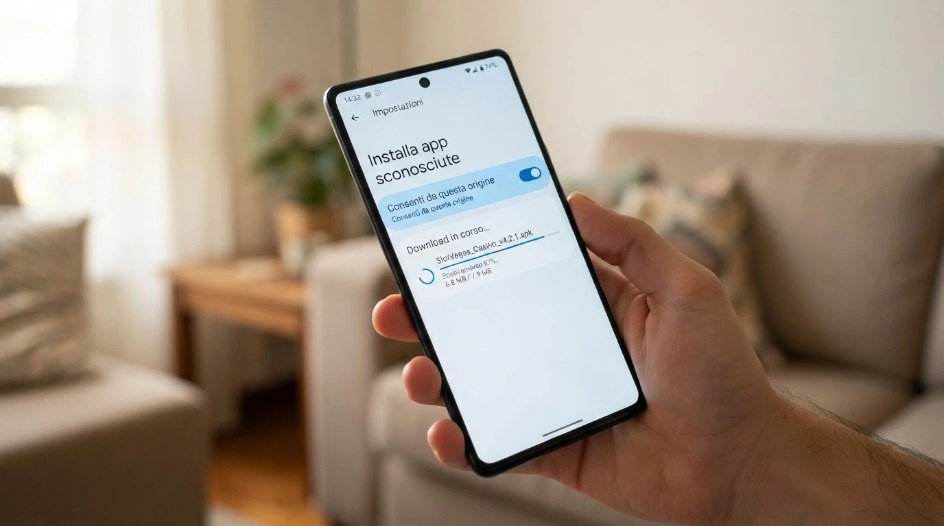 La schermata delle impostazioni Android con l'opzione «origini sconosciute» attivata e il file APK in fase di download