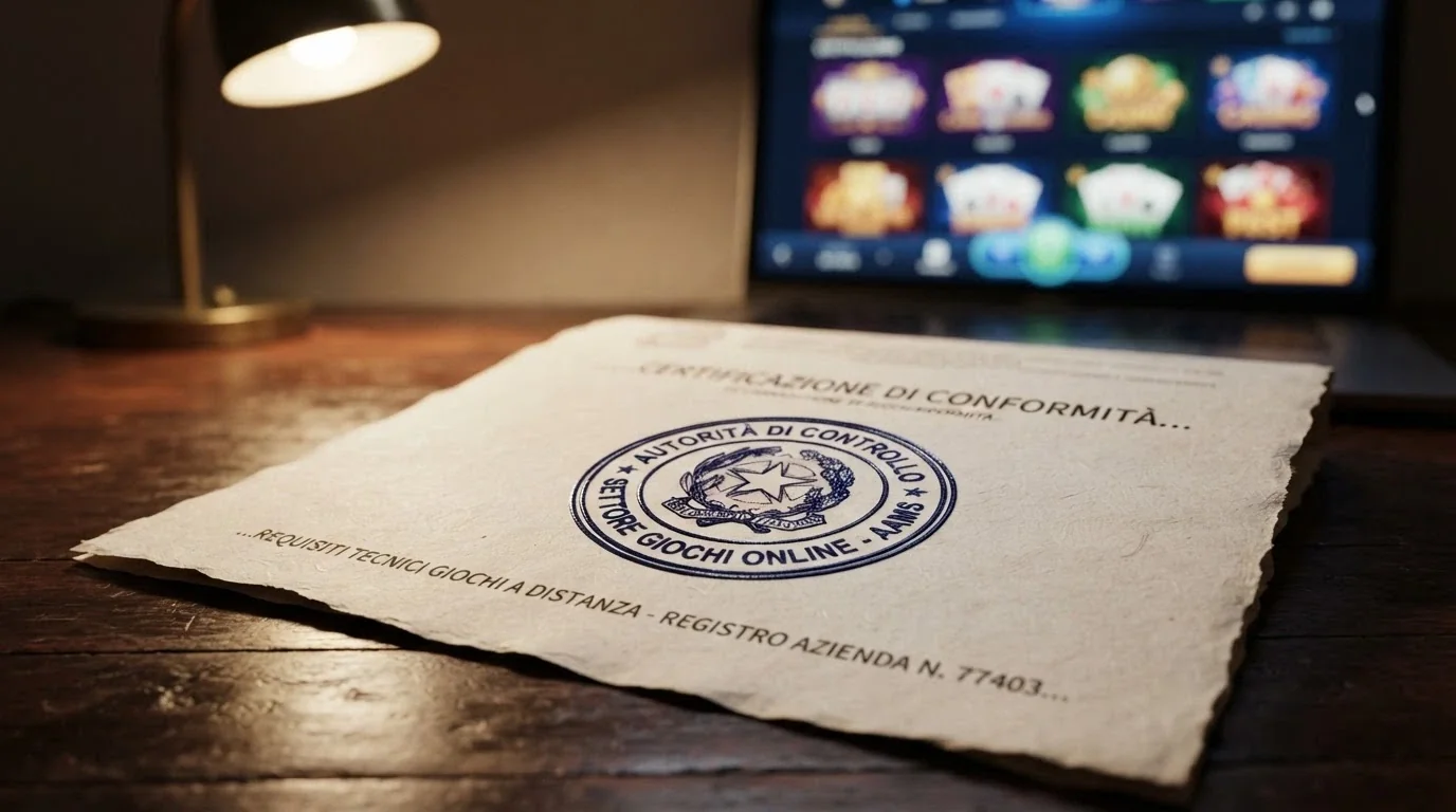 Primo piano del timbro ufficiale ADM su un documento di concessione, con lo sfondo sfocato di un casinò online