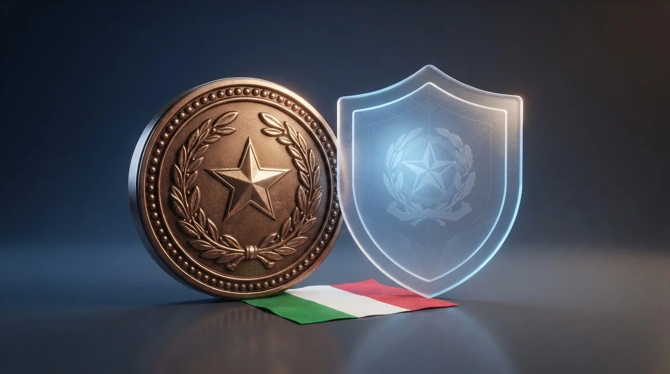 Il sigillo ufficiale dell'Agenzia delle Dogane e dei Monopoli su uno schermo con la bandiera italiana sullo sfondo