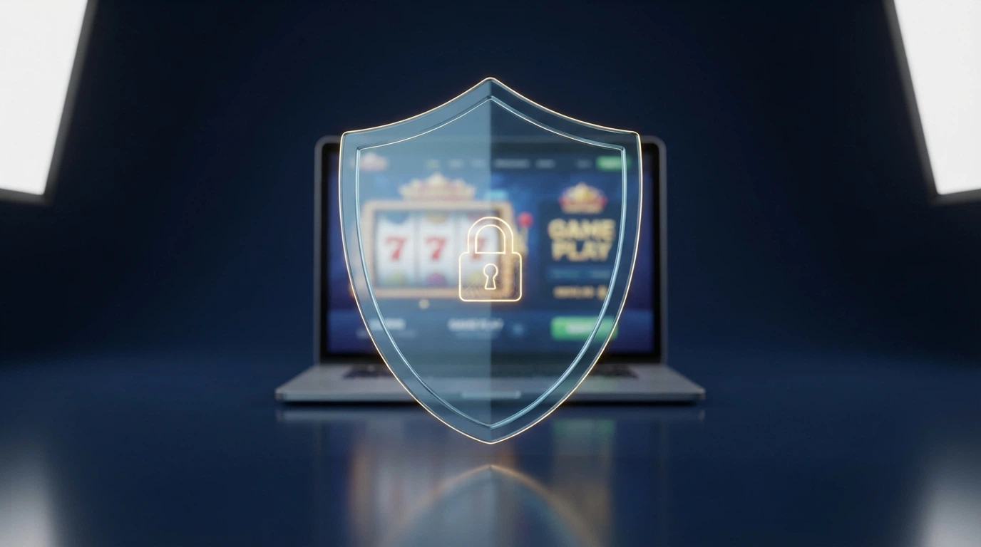 Il logo ufficiale dell'Agenzia delle Dogane e dei Monopoli su uno scudo trasparente sovrapposto allo schermo di un casinò online