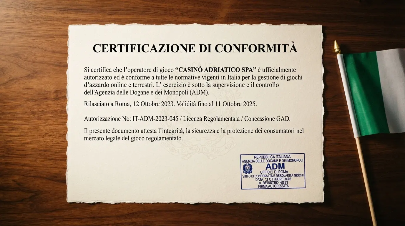 Il logo ufficiale dell'ADM (Agenzia delle Dogane e dei Monopoli) su un documento con timbro, accanto alla scritta «Concessione» e alla bandiera italiana sullo sfondo