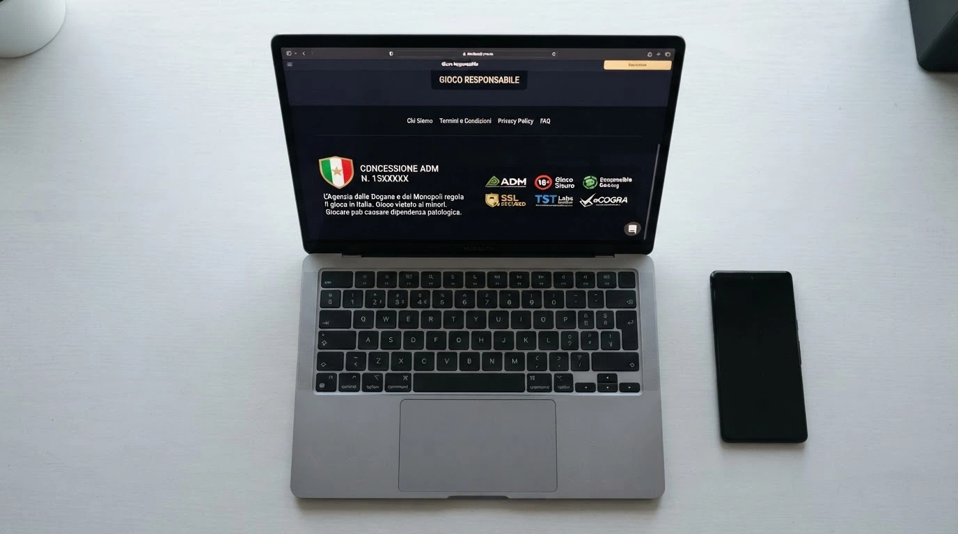 Un primo piano di un footer di sito di casinò con il logo ADM, il numero di concessione nel formato GAxxxxxxx e i loghi di certificazione
