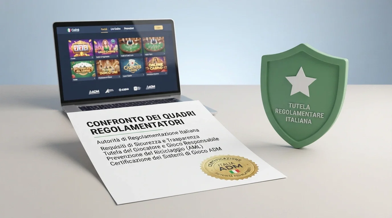 Un documento ufficiale con sigillo accanto allo schermo di un computer che mostra la homepage di un casinò online, una lente di ingrandimento sulla sezione licenze