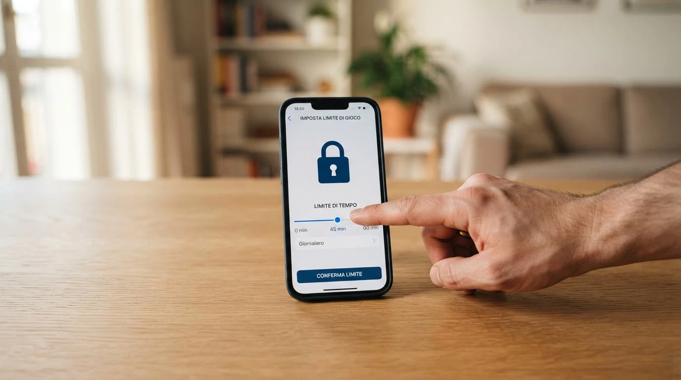Una mano che imposta un limite su un'interfaccia digitale, con un lucchetto simbolico sullo sfondo