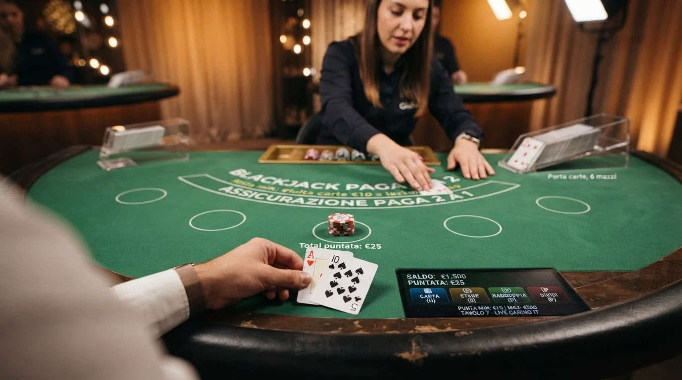 Un tavolo da blackjack con carte disposte davanti al dealer, mano del giocatore visibile in primo piano e interfaccia delle puntate sullo schermo