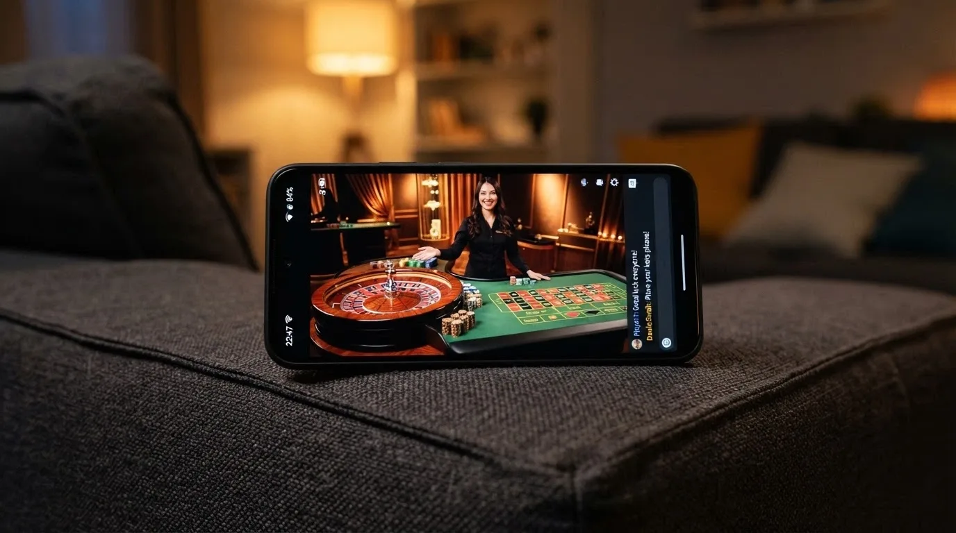 Un tavolo di roulette live inquadrato sullo schermo di uno smartphone in orientamento orizzontale, con la chat del croupier visibile