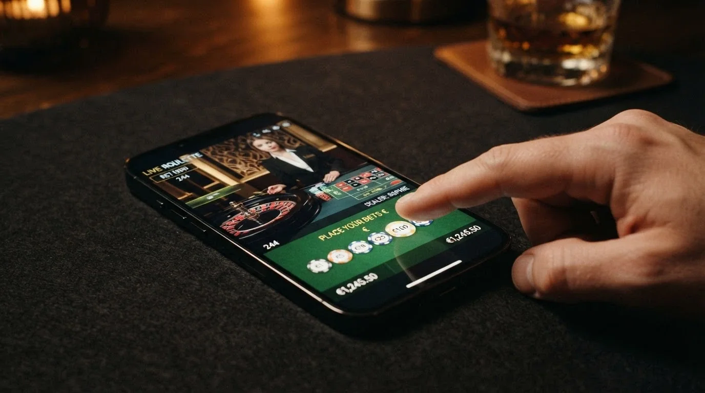 Un iPhone in landscape che trasmette un tavolo live con croupier reale, interfaccia di puntata touch visibile