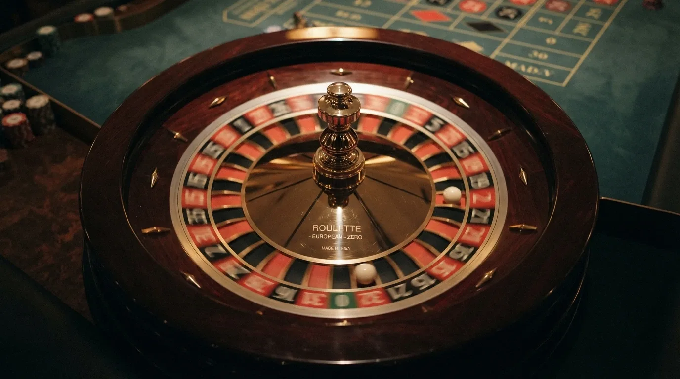 Primo piano della ruota della roulette in rotazione con la pallina che rimbalza sui numeri, inquadratura dall'alto in uno studio live illuminato