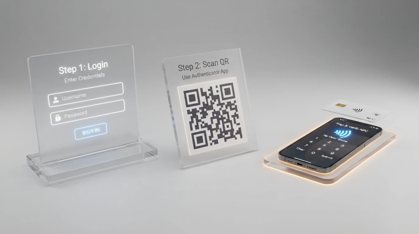 Schema a tre livelli dell'autenticazione CIE: username e password, QR code, NFC con PIN — il terzo livello è evidenziato