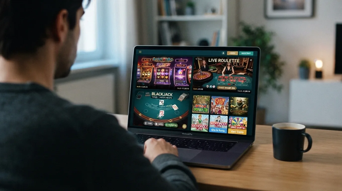 Lobby di un casinò crypto con sezioni slot, live casino, table games e filtri per provider come Pragmatic Play ed Evolution