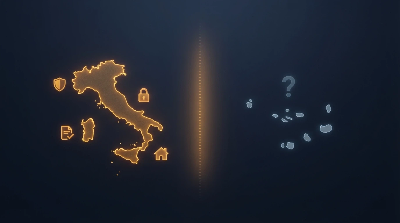 Una mappa concettuale che separa l'ecosistema Bonus Crab (etichetta Curaçao/Anjouan) dal perimetro ADM Italia (etichetta concessione)