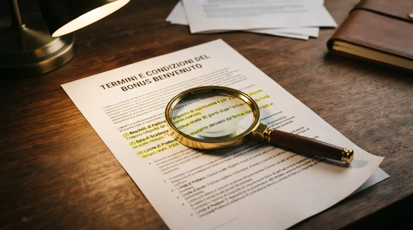 Un primo piano di un contratto con i termini del bonus evidenziati in giallo (wagering, scadenza, limite prelievo), con una lente d'ingrandimento appoggiata sopra