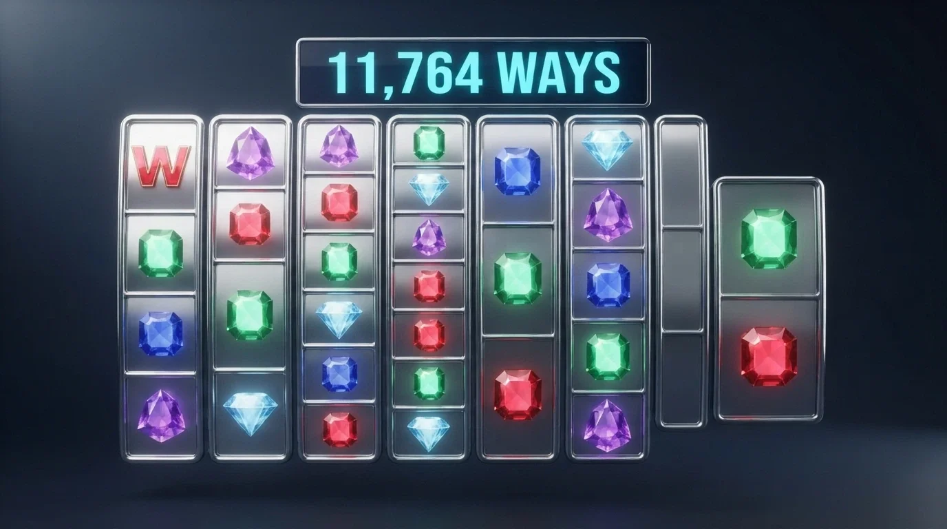 Un'illustrazione del funzionamento dei rulli Megaways: 6 rulli con un numero variabile di simboli per rullo, con le combinazioni attive evidenziate.