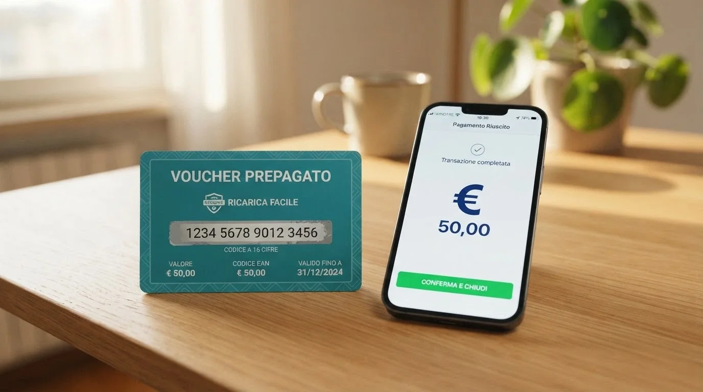 Una carta Paysafecard fisica accanto a uno smartphone con l'interfaccia di PayPal e il logo di un casinò ADM sullo sfondo