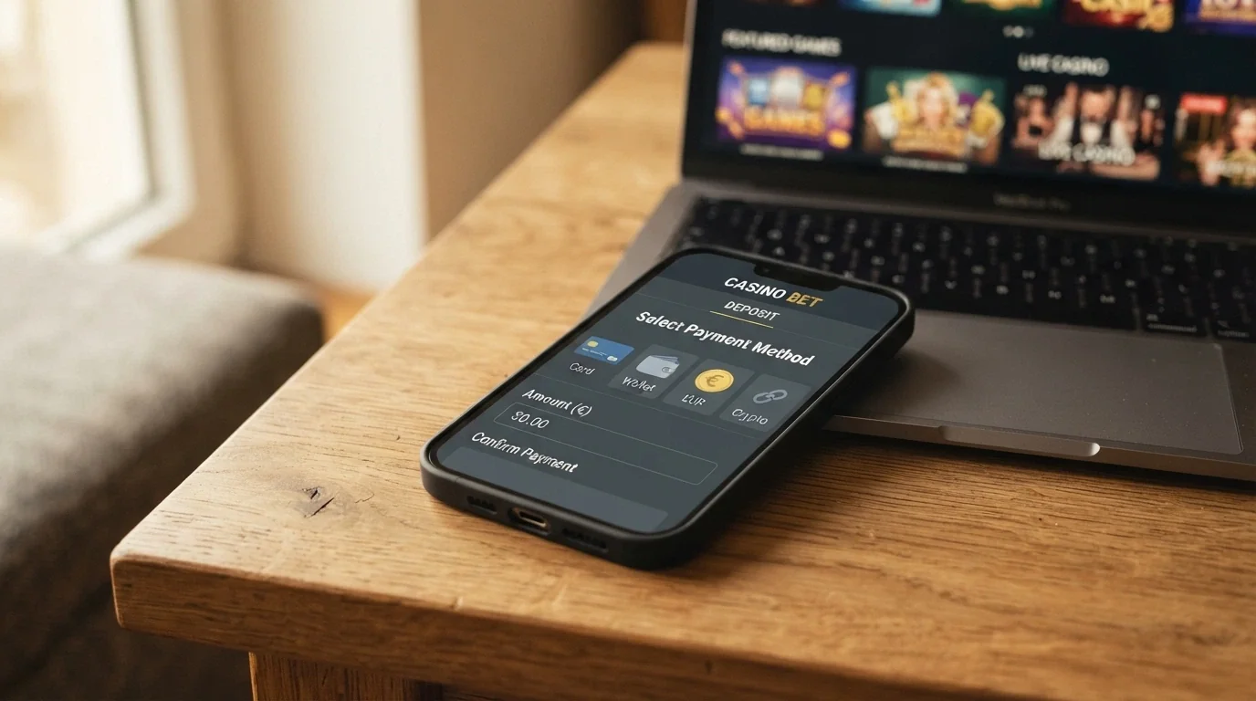 Uno smartphone con la schermata di deposito di un casinò online e le icone di PayPal, Visa, bonifico SEPA e criptovalute disposte in fila